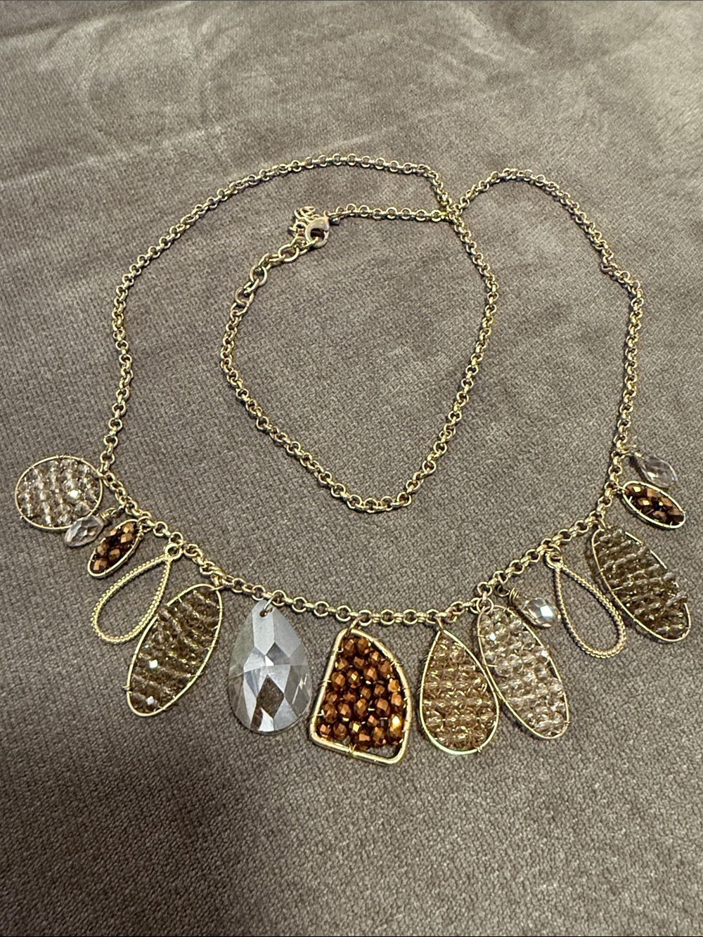 Gold-Tone Teardrop Crystal Necklace in Brown & Clear